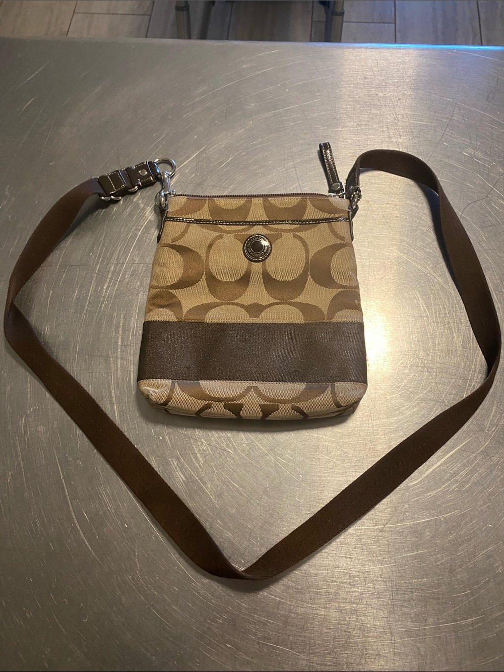 Coach Khaki and Brown Signature Crossbody Pouch